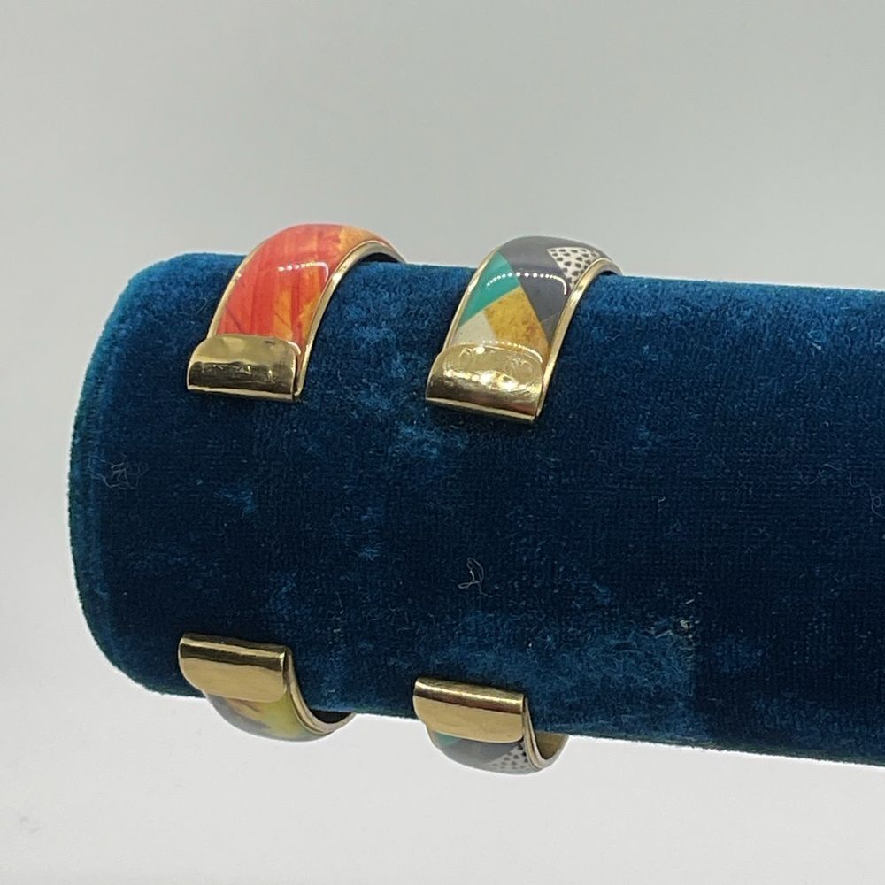 Set of 2 Rustic Cuff Colorful Geometric Patterned Bangles - Picture 2 of 4